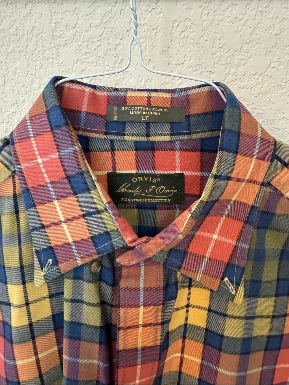 Orvis Men's Red Blue Yellow Plaid Button-Down Shirt. Size LT.